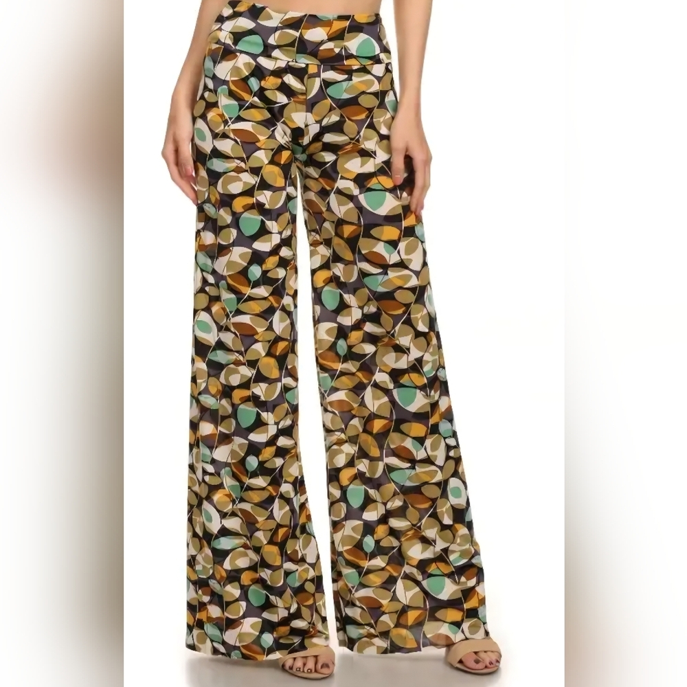 Yelete Retro Geometric Wide Leg Pants in Mustard, Teal & Brown